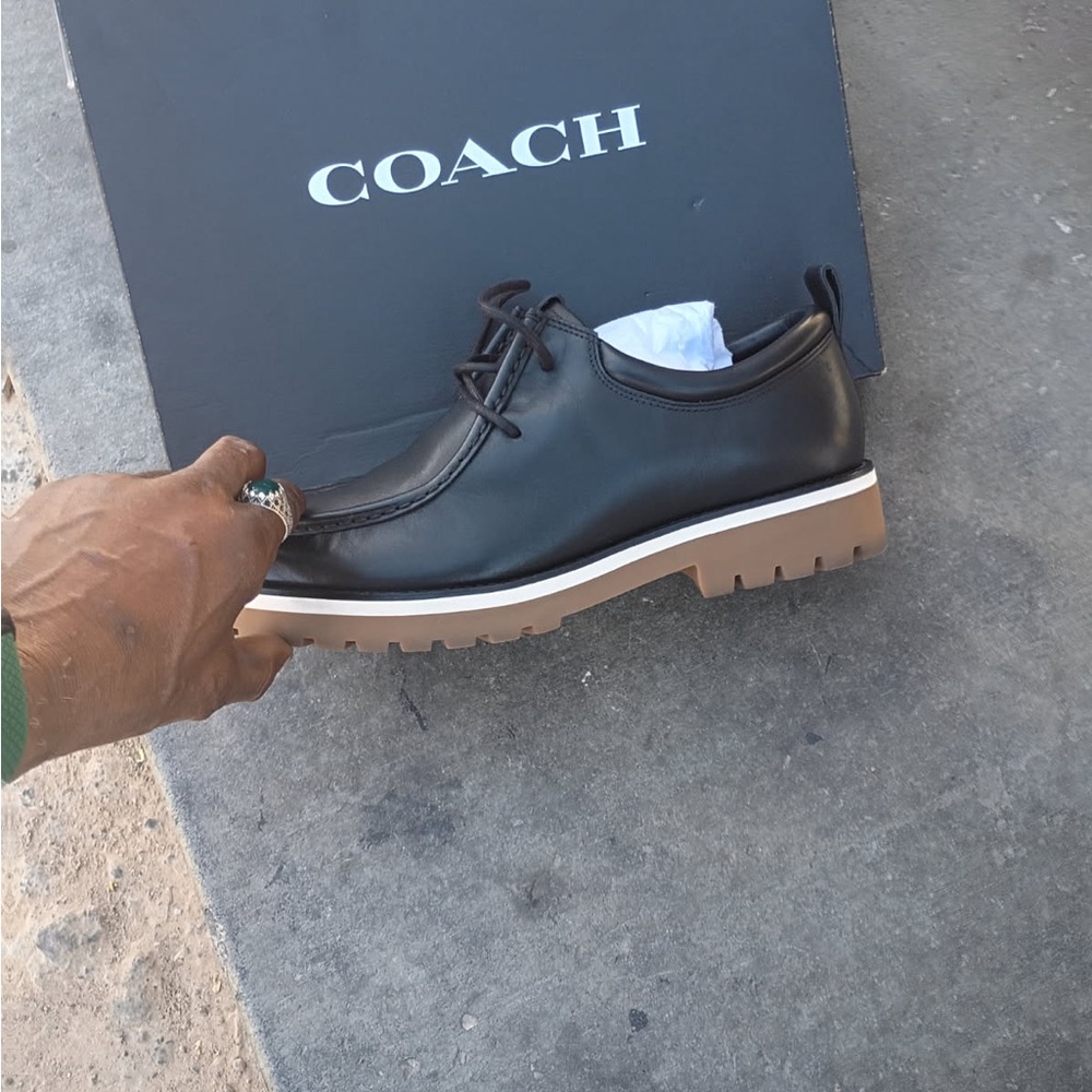 Coach Men's Black Leather Derbys with Tan Soles